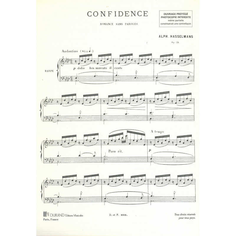 Hasselmans Alphonse - Confidence Romance sans parole pour la harpe (Durand)